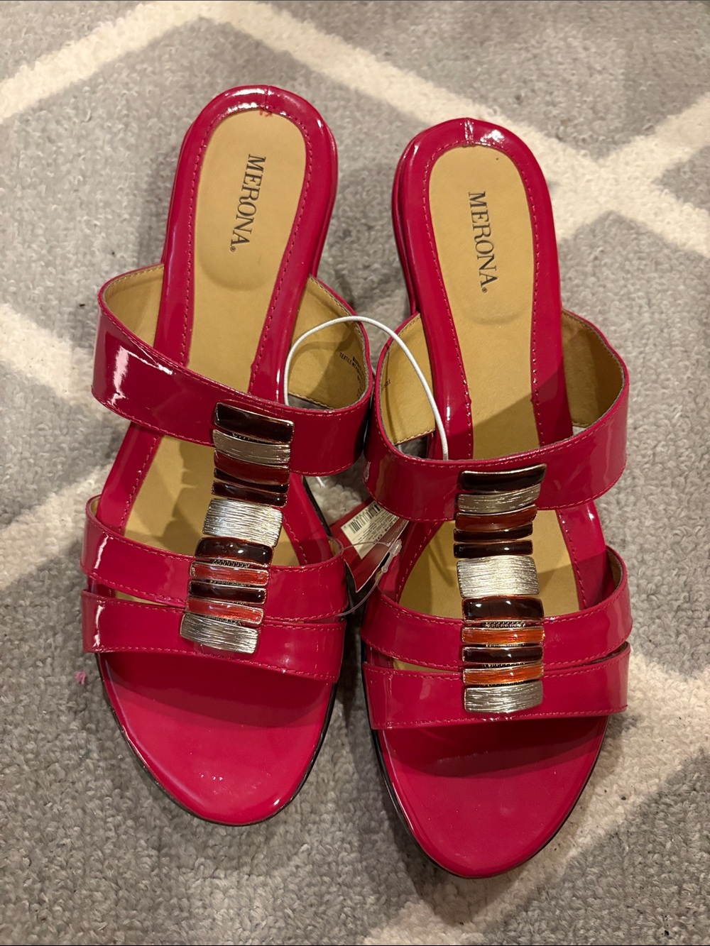 Merona Patent Fuchsia Slide Mules with Metallic & Tortoise Accents